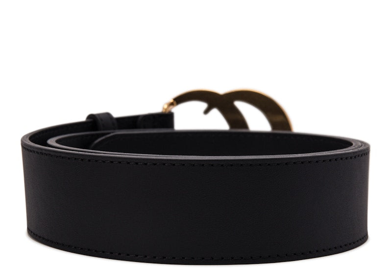 Gucci Double G Wide Leather Belt Antique Brass Buckle 1.5 Width Black