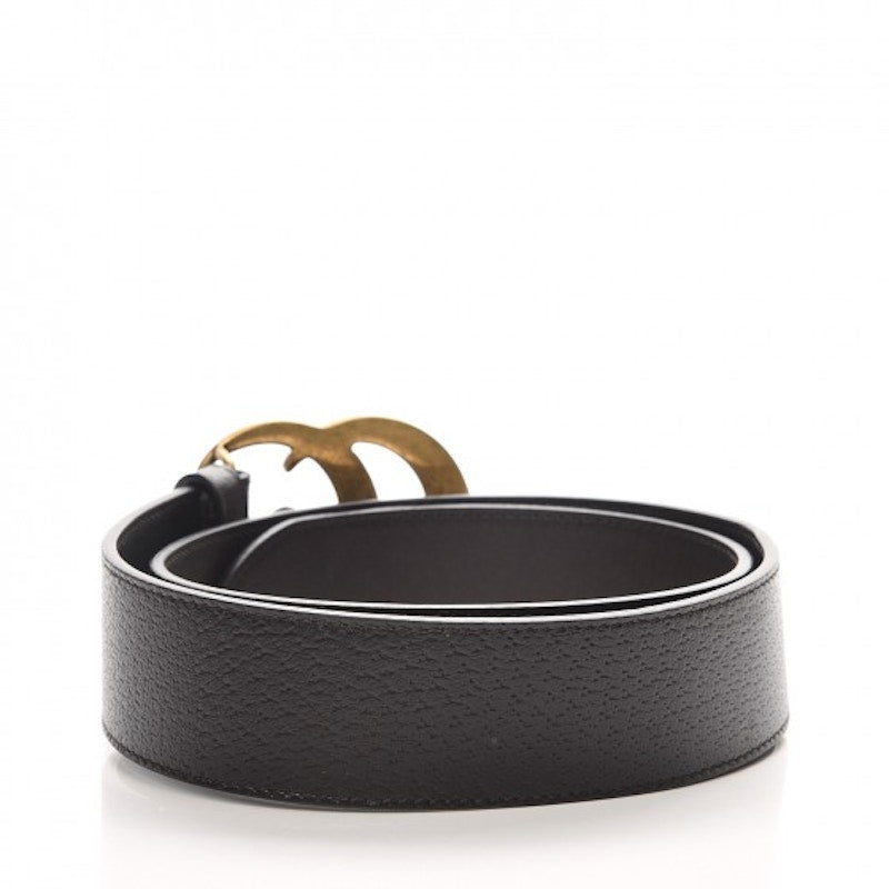 Gucci Double G Textured Leather Belt Antique Brass Buckle 1.5 Width Black 406831