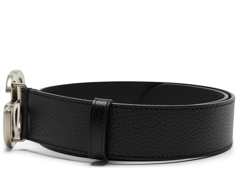 Gucci Double G Silver Buckle Textured Leather Belt 1.5 Width Black