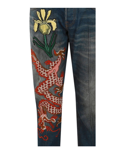 Gucci Dragon Embroidered Tapered Jeans Blue Multi