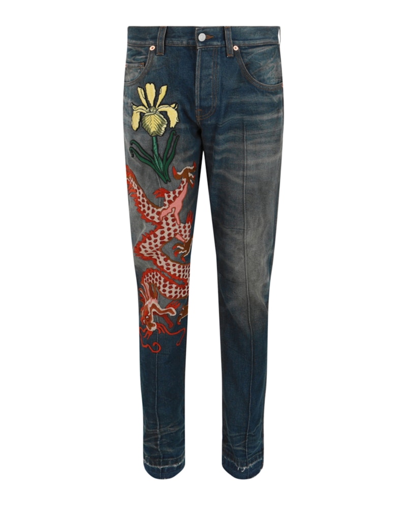 Gucci Dragon Embroidered Tapered Jeans Blue Multi