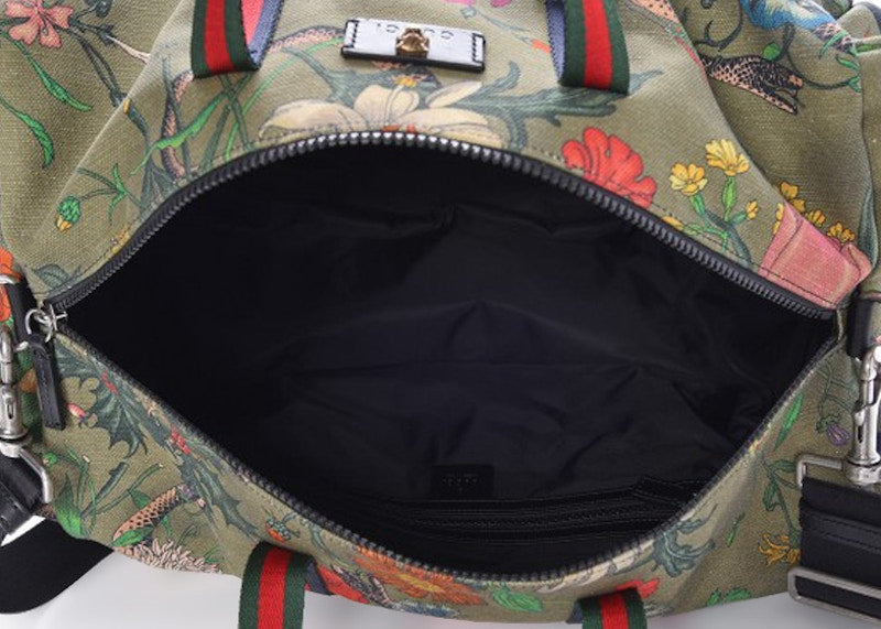 Gucci Duffle Floral Animal Web Khaki Green