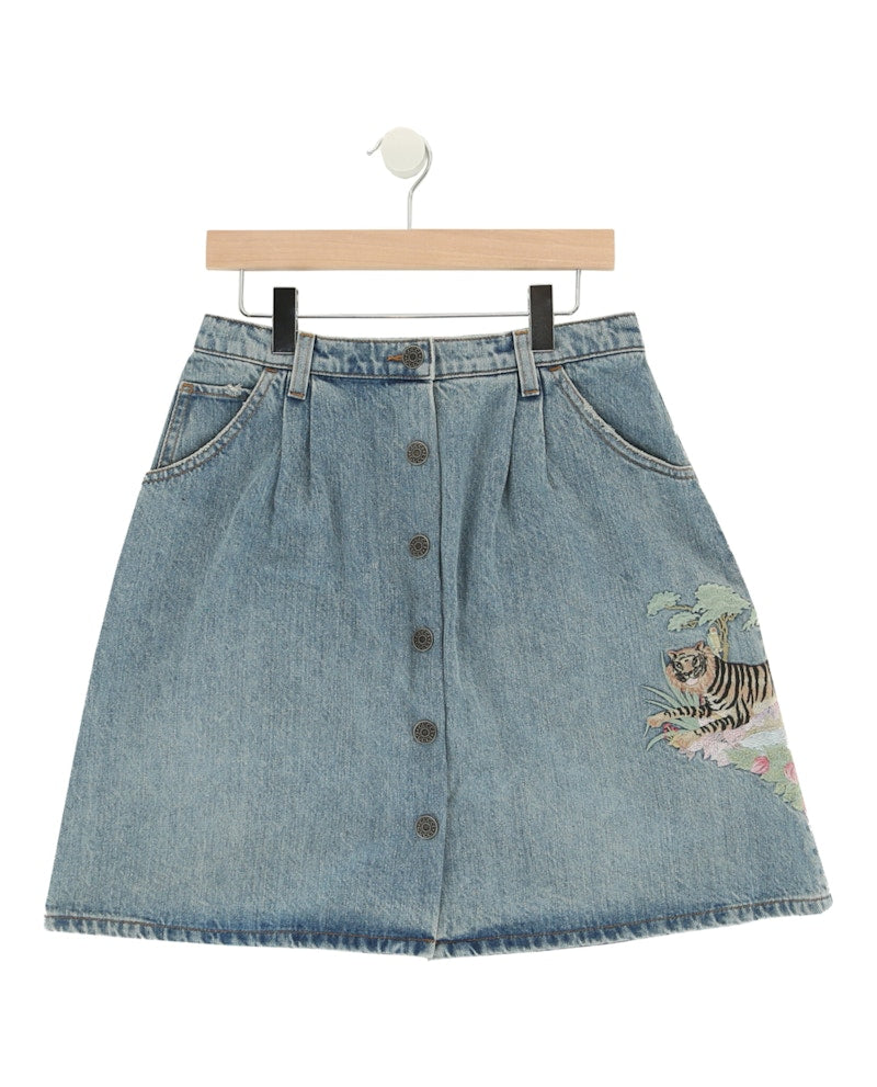 Gucci Embroidered Denim Skirt Blue