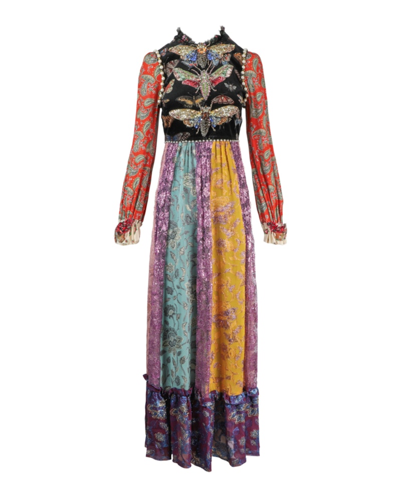 Gucci Embroidered Long Sleeve Maxi Dress Multi
