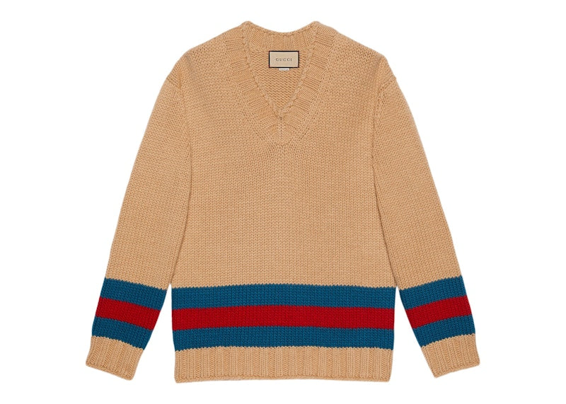 Gucci Fine Mohair Wool Webbed Sweater Camel/Red/Green