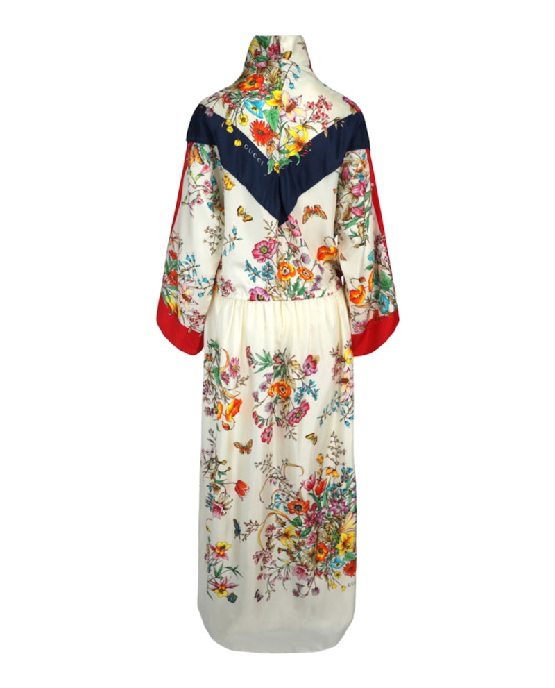 Gucci Flora Printed Foulard Silk Dress White Hibiscus Red Amethyst