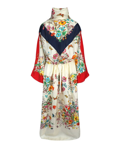 Gucci Flora Printed Foulard Silk Dress White Hibiscus Red Amethyst