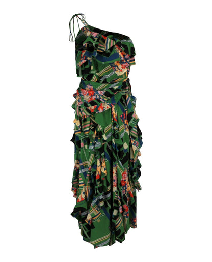 Gucci Floral Check-Print Ruffled Silk-Crepe Dress Green Black