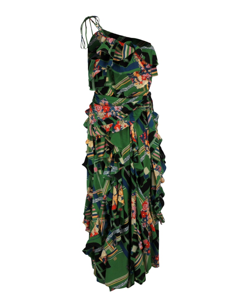 Gucci Floral Check-Print Ruffled Silk-Crepe Dress Green Black