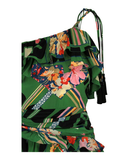 Gucci Floral Check-Print Ruffled Silk-Crepe Dress Green Black