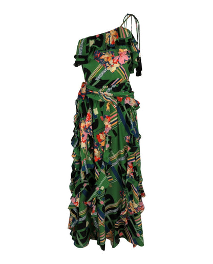 Gucci Floral Check-Print Ruffled Silk-Crepe Dress Green Black
