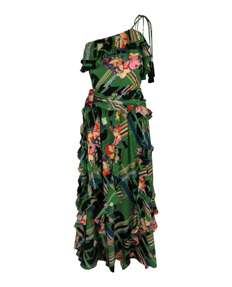 Gucci Floral Check-Print Ruffled Silk-Crepe Dress Green Black