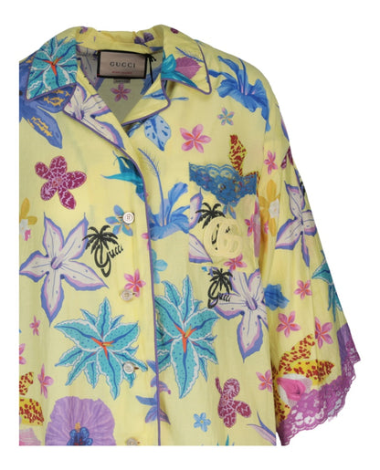 Gucci Floral Collared Drop Shoulder Top Bright Yellow