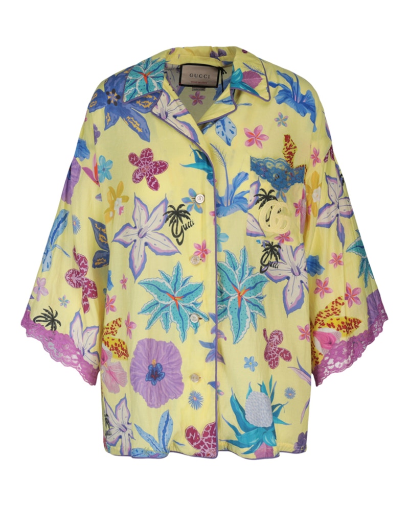 Gucci Floral Collared Drop Shoulder Top Bright Yellow