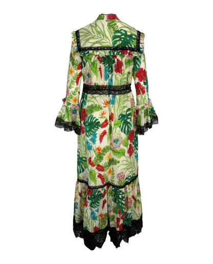 Gucci Floral-Print Lace-Trim Muslin Dress Multi