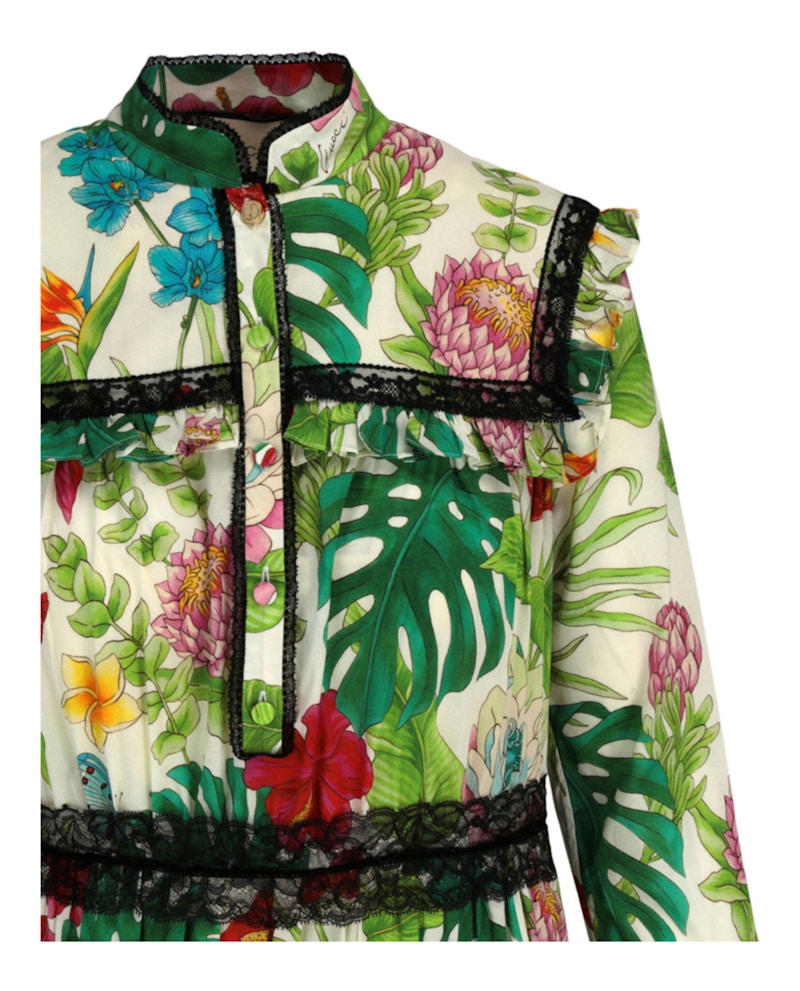 Gucci Floral-Print Lace-Trim Muslin Dress Multi