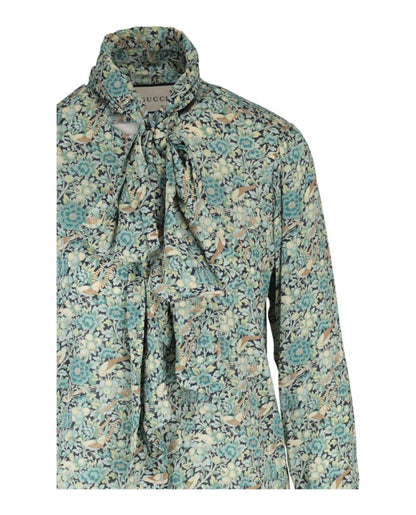 Gucci Floral Print Tie Neck Long Sleeve Blouse Blue