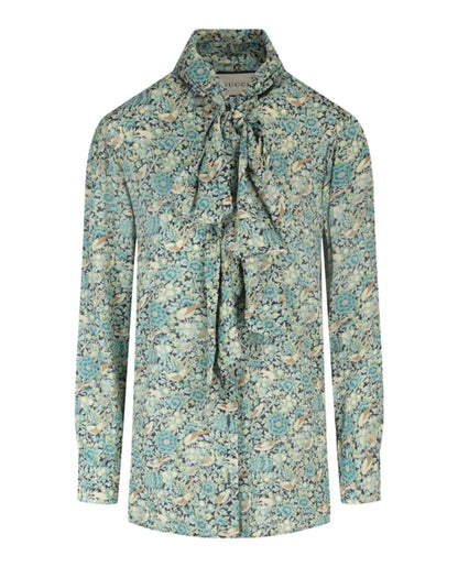 Gucci Floral Print Tie Neck Long Sleeve Blouse Blue