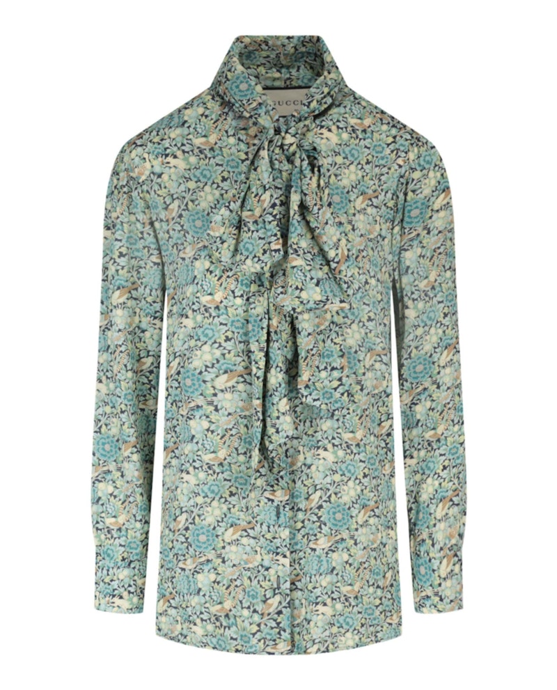 Gucci Floral Print Tie Neck Long Sleeve Blouse Blue