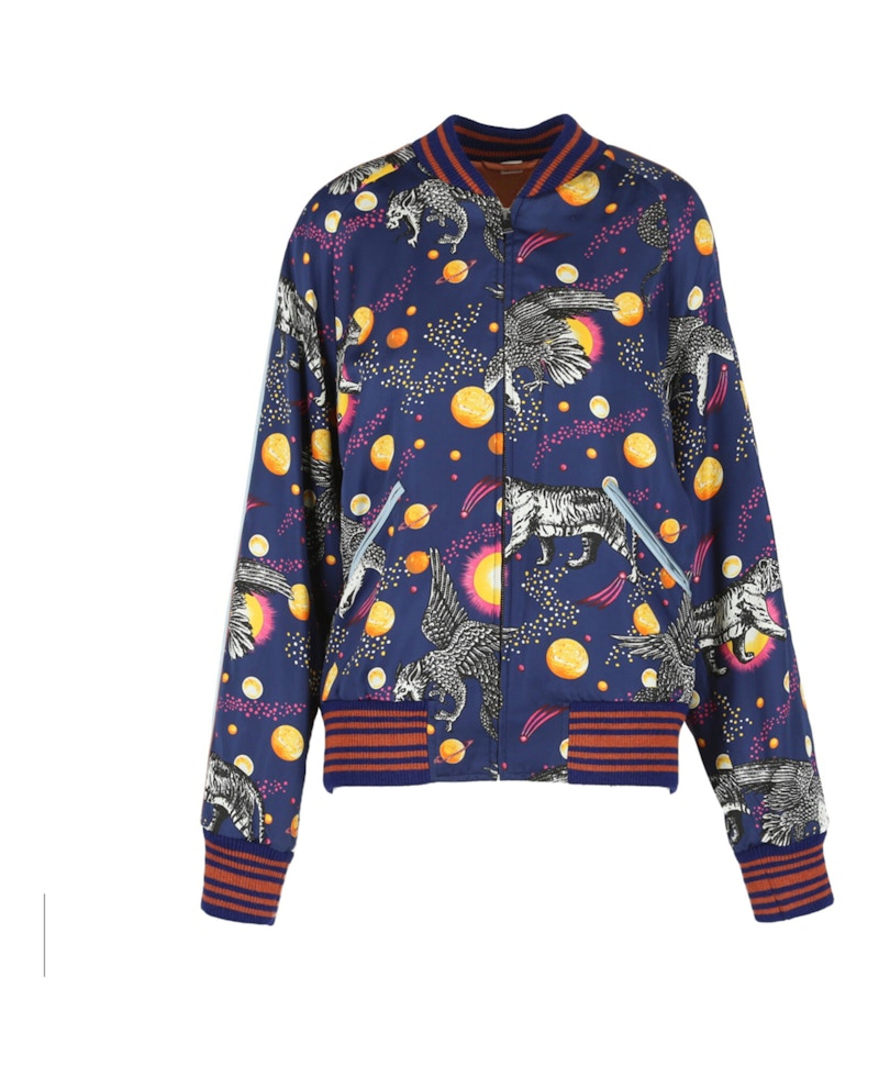 Gucci Space Animals Silk Bomber Jacket Blue Print/Rose Sail