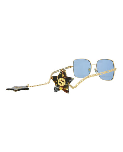 Gucci Square-Frame Metal Sunglasses Gold Gold Blue (GG0724S-30008881-004)