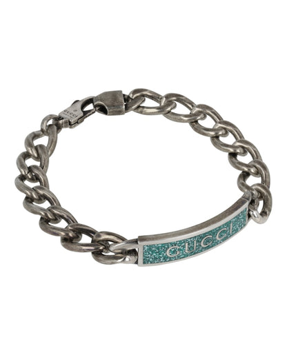 Gucci Sterling Silver Bracelet with Turquoise Logo Plaque Silver