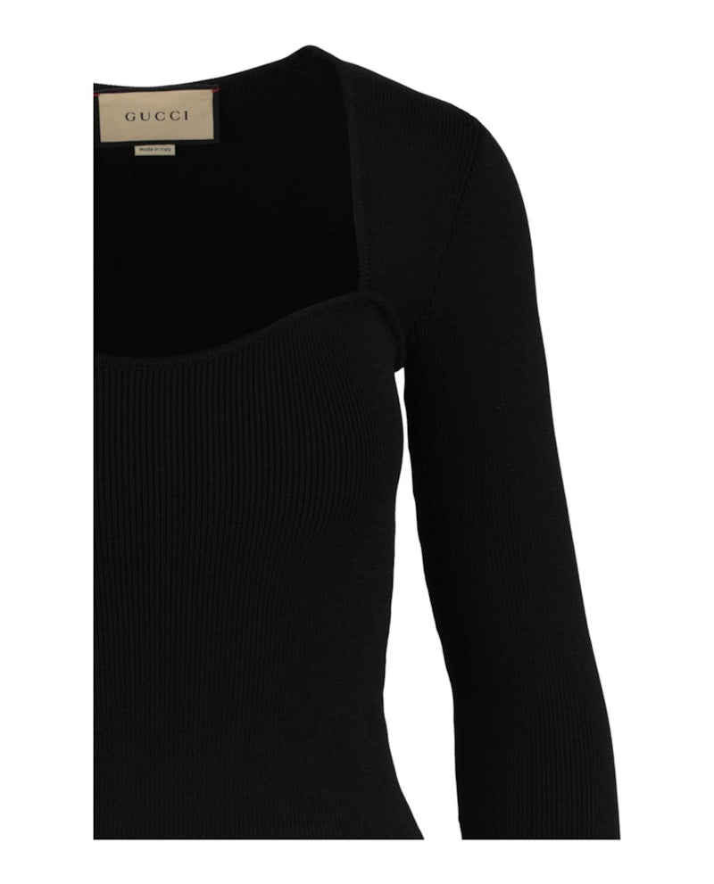 Gucci Sweetheart Neck Ribbed Knit Sweater Black