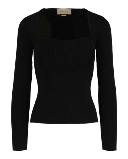 Gucci Sweetheart Neck Ribbed Knit Sweater Black