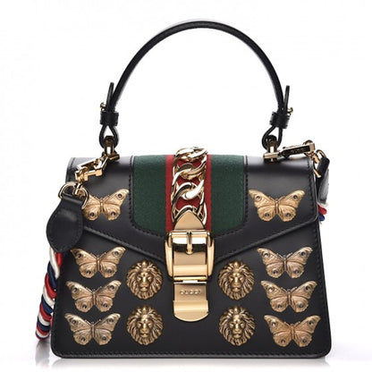 Gucci Sylvie Shoulder Bag Web Animal Studs Mini Black/Red/Green