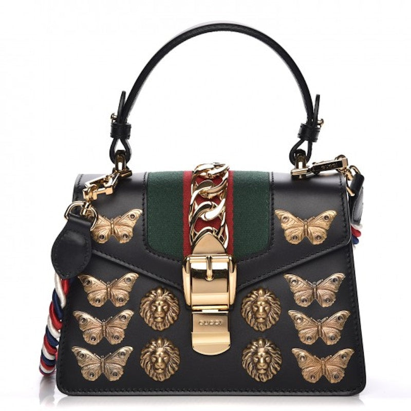 Gucci Sylvie Shoulder Bag Web Animal Studs Mini Black/Red/Green