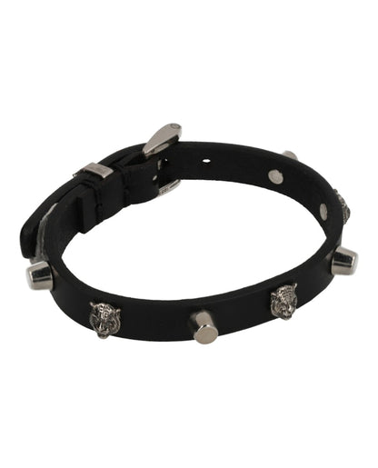 Gucci Tiger Studded Leather Bracelet Silver