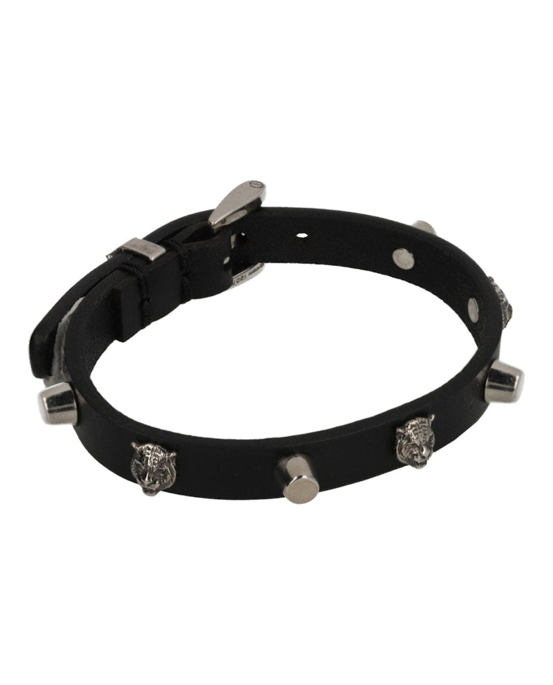 Gucci Tiger Studded Leather Bracelet Silver