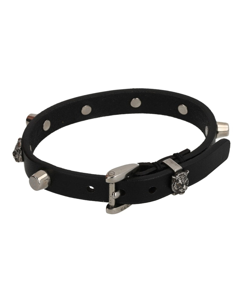 Gucci Tiger Studded Leather Bracelet Silver