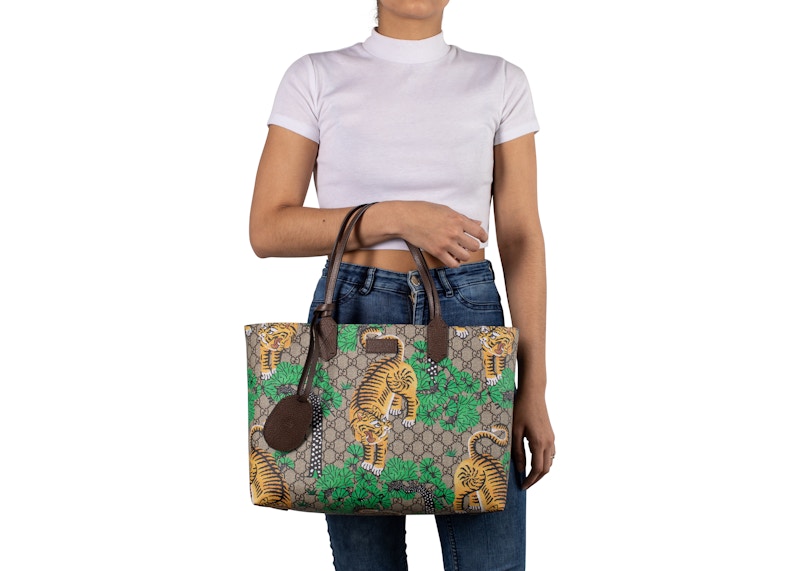 Gucci Handle Bag Tote Monogram GG Supreme Bengal Print Medium Beige/Ebony/Green