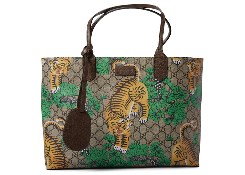 Gucci Handle Bag Tote Monogram GG Supreme Bengal Print Medium Beige/Ebony/Green