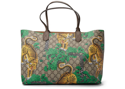 Gucci Handle Bag Tote Monogram GG Supreme Bengal Print Medium Beige/Ebony/Green