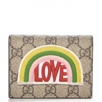 Gucci Card Case Wallet GG Supreme Rainbow Beige/Hibiscus Red