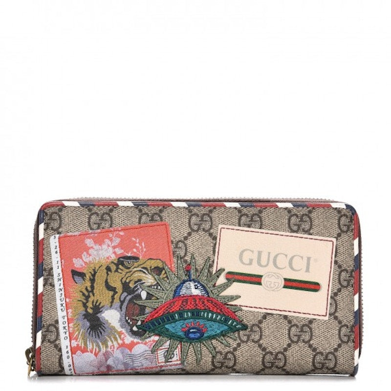 Gucci Zip Around Wallet Monogram GG Supreme Embroidered Red/White/Brown/Green