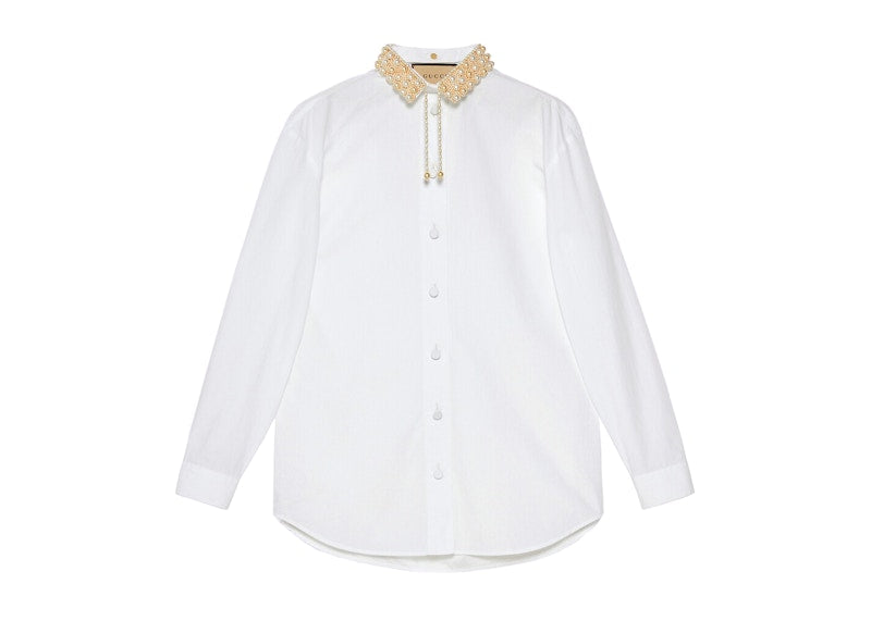 Gucci Women's Cotton Poplin Embroidered Collar Shirt White