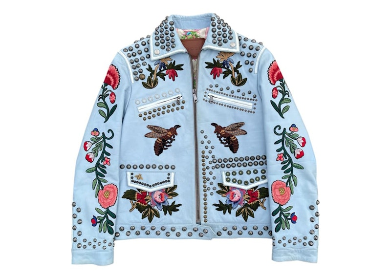 Gucci Women's Floral Embroidered Leather Jacket Blue