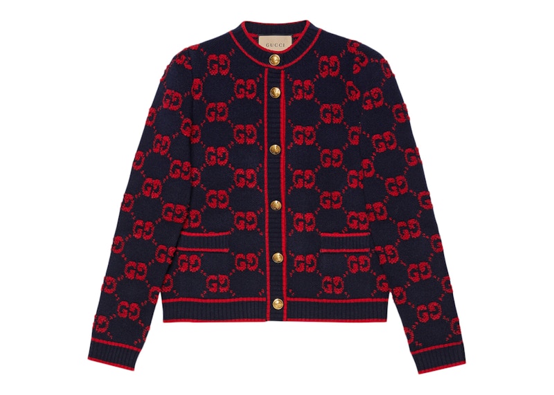 Gucci Women's GG Wool Boucle Jacquard Cardigan Blue/Red