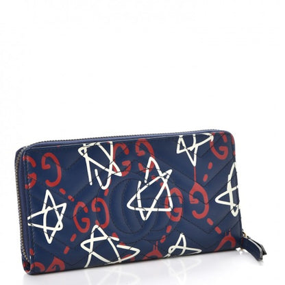 Gucci GG Marmont Wallet Zip Around Matelasse GucciGhost Blue