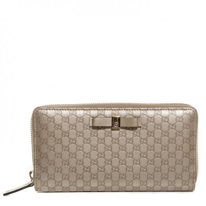 Gucci Zip Around Wallet Microguccissima Metallic Bow Golden Beige
