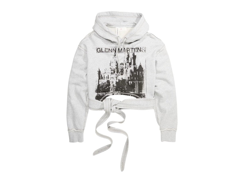 H&M x Glenn Martens Tie-Detail Printed Hoodie Light Grey Melange