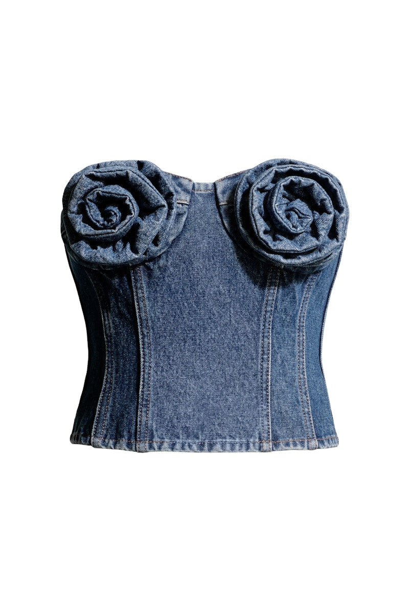 H&M x Magda Butrym Denim Bustier Top with Rose Appliques Denim Blue