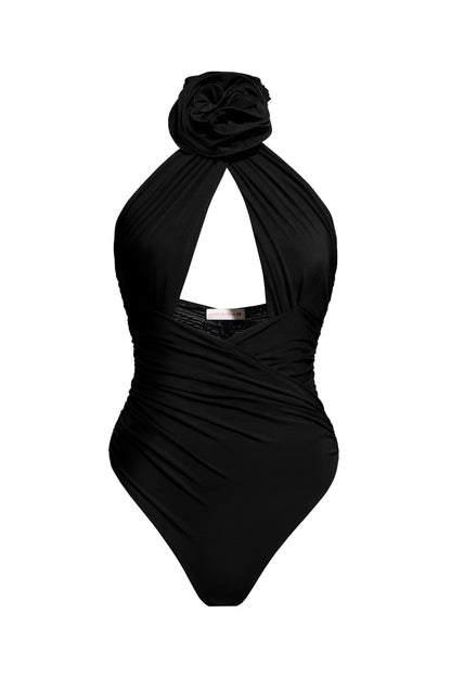 H&M x Magda Butrym Rose-Appliqued Bodysuit with Cutout Detail Black