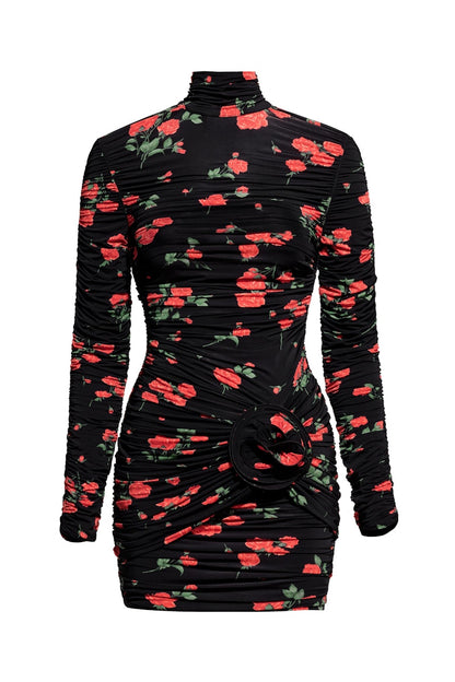 H&M x Magda Butrym Rose-Appliqued Mock Turtleneck Dress Black/Roses