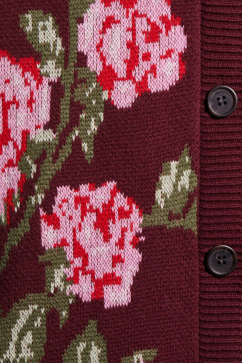 H&M x Magda Butrym Wool-Blend Jacquard-Knit Cardigan Burgundy/Roses