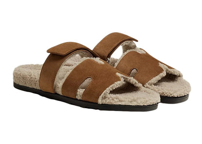 Hermes Chypre Sandal Brun Fume Suede Woolskin (M)