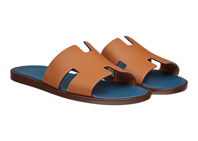 Hermes Izmir Sandal Natural Blue Tempete Smooth Calfskin Leather